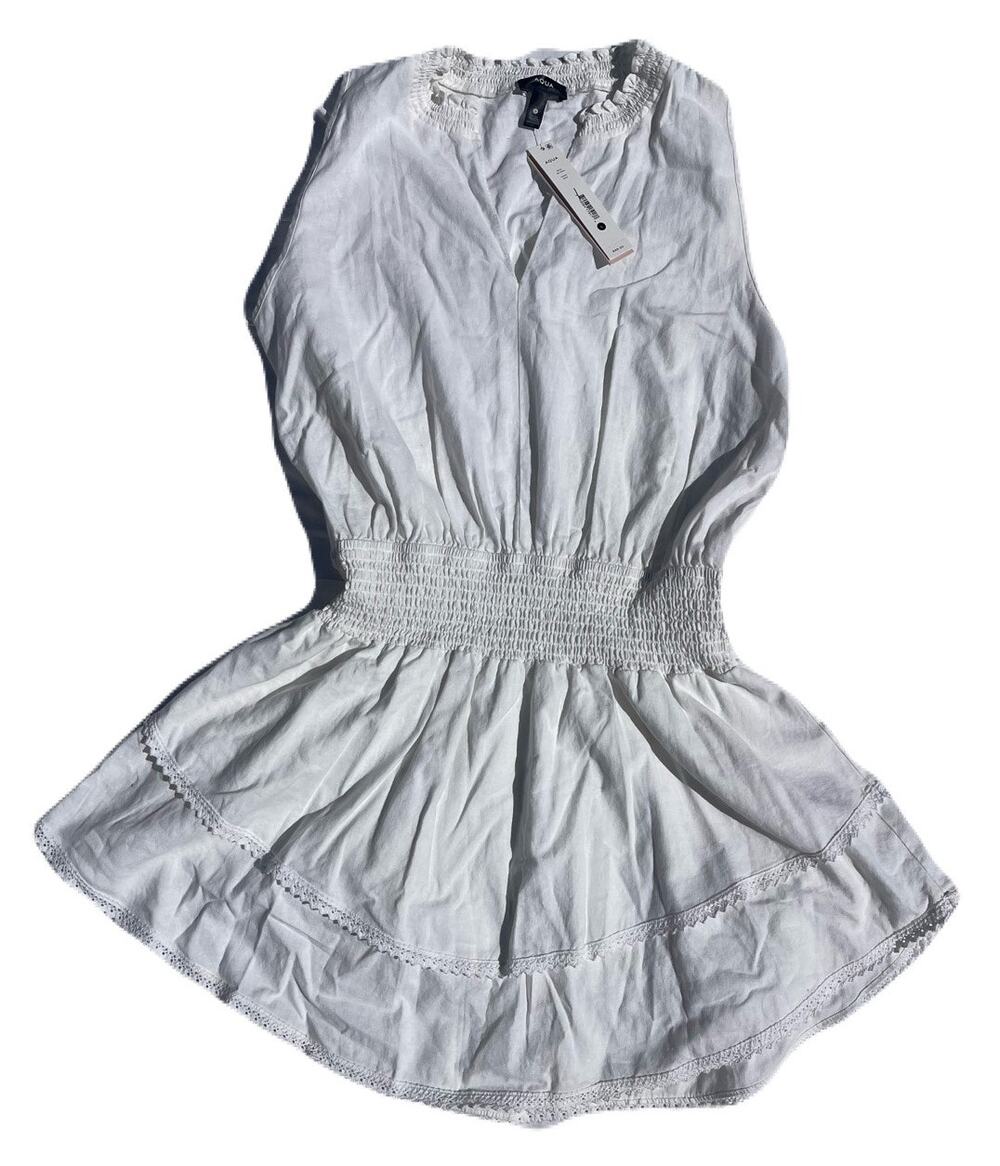 NWT Aqua White Linen Blend White Ruched Lace Trim V neck Mini Tiered dress Large